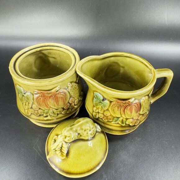 Vintage Ceramic Olive Green Sugar Bowl Creamer Fruit Veggies Made Japan Set - Picture 7 of 16